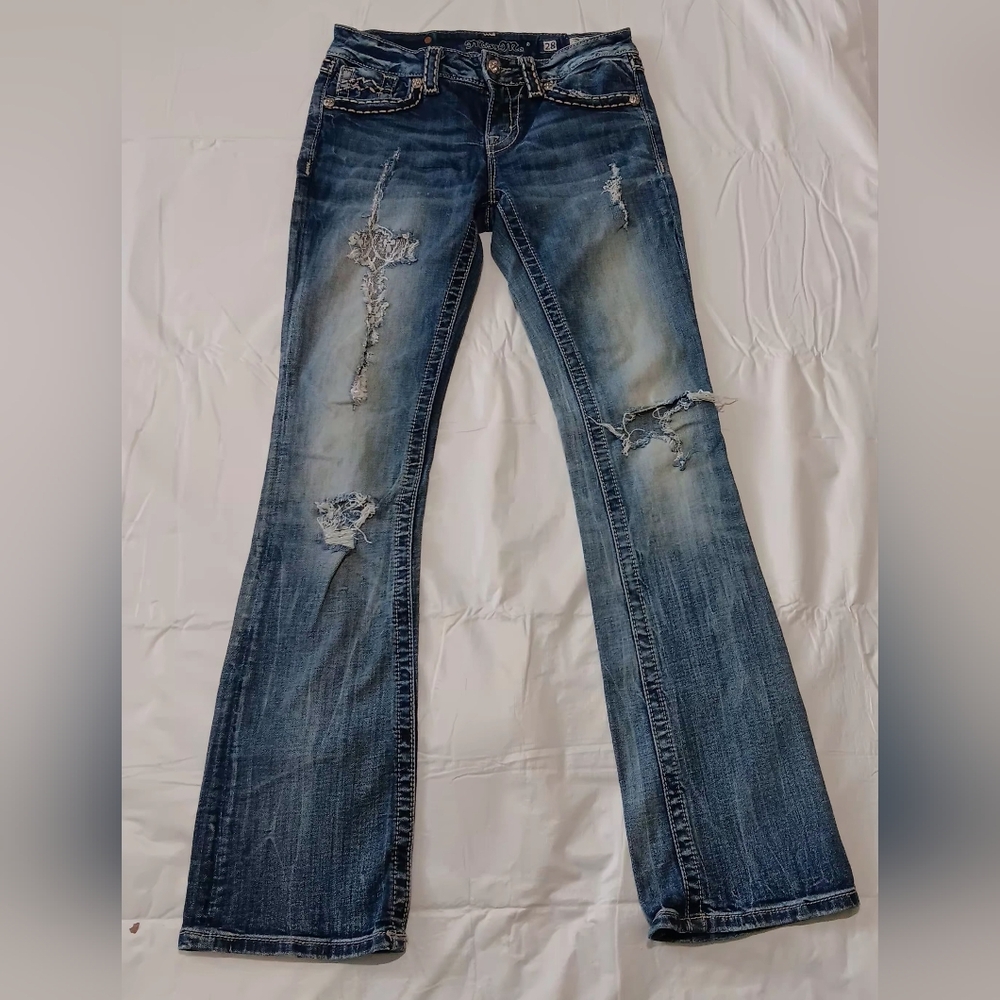 Miss Me Distressed Signature Boot Cut Jeans - Blue